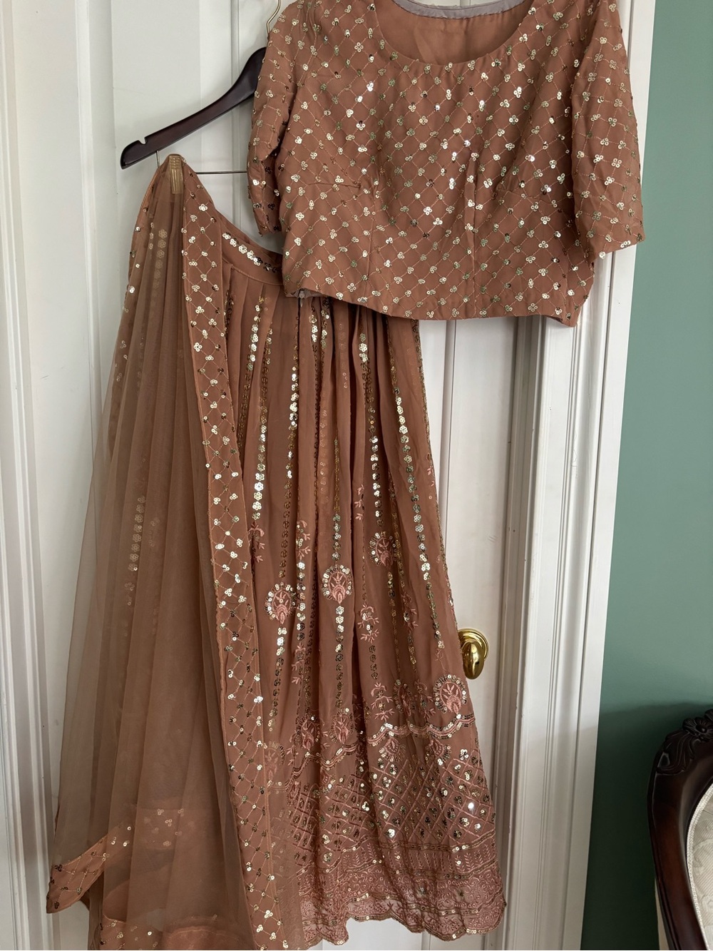 Rose Gold (beautiful rust color) three piece Lehenga Choli Dupetta large New